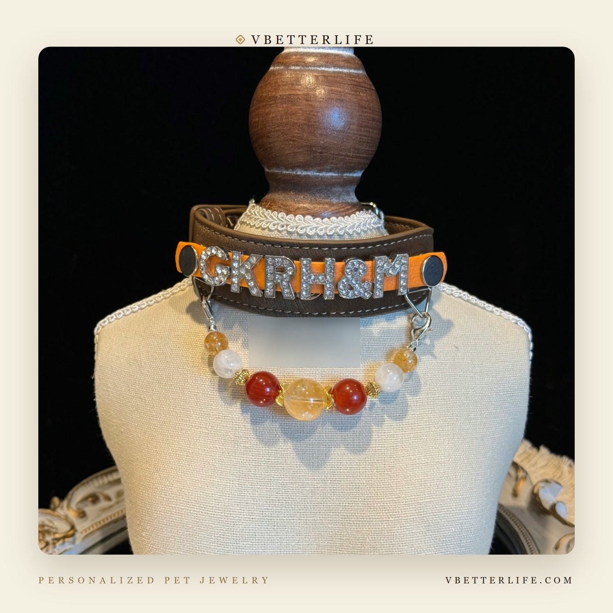 Mon Amour Personalized Rhinestone Name Dog Collar - Chocolate Carnelian