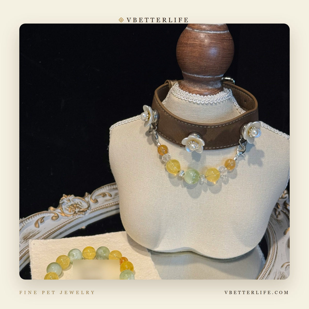 Camellia Pearl Flower Gemstone Dog Collar - Citrine & Aventurine