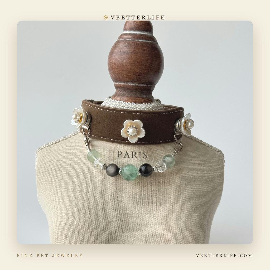 Jade Camellia Fluorite & Obsidian Flower Dog Collar