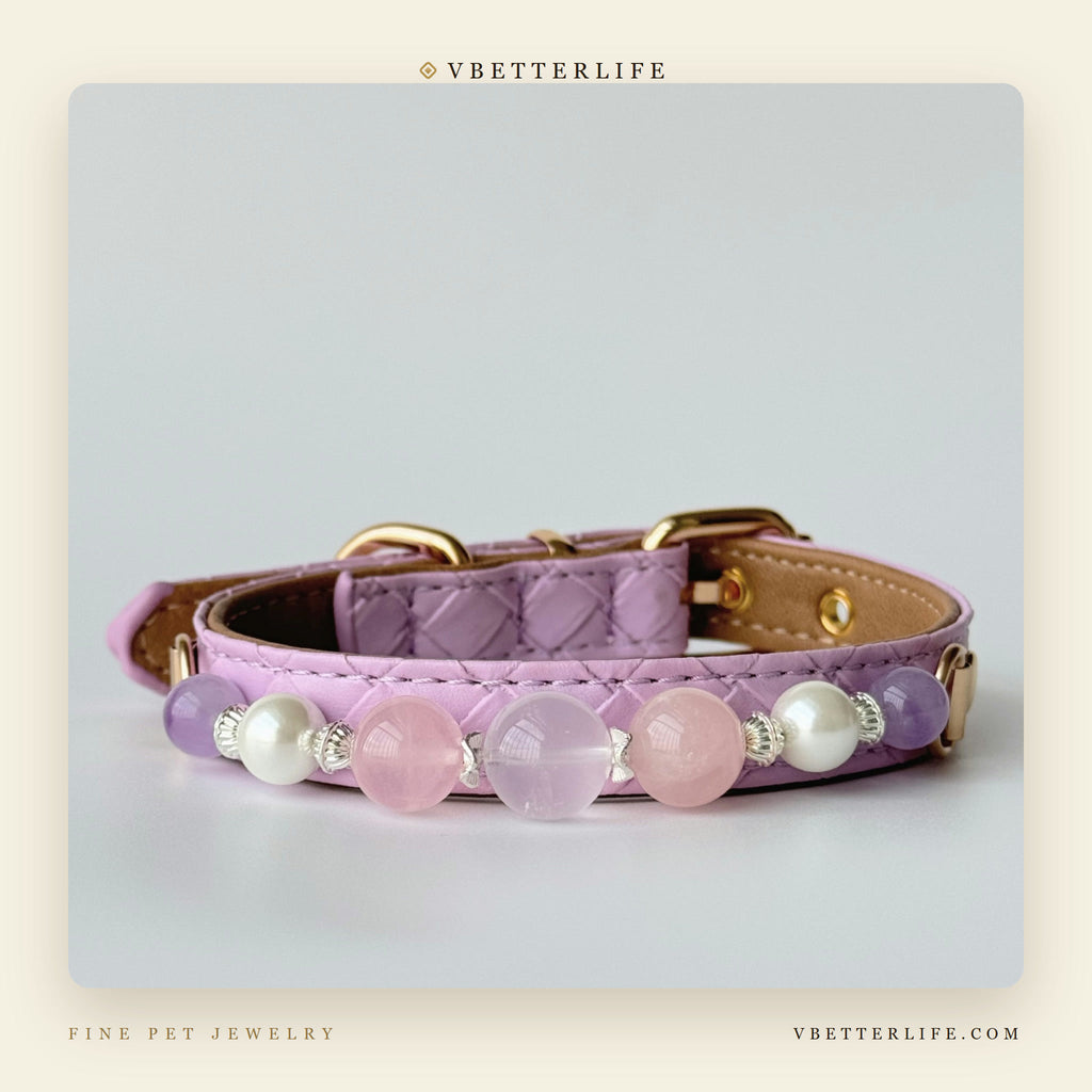 Rose Quartz Amethyst & Pearl Dog Collar for Small Dogs, Purple Quilted Leather