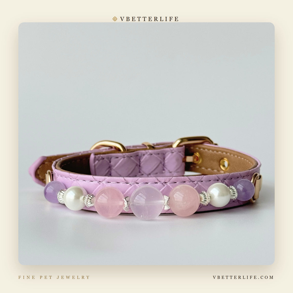 Rose Quartz Amethyst & Pearl Dog Collar for Small Dogs, Purple Quilted Leather