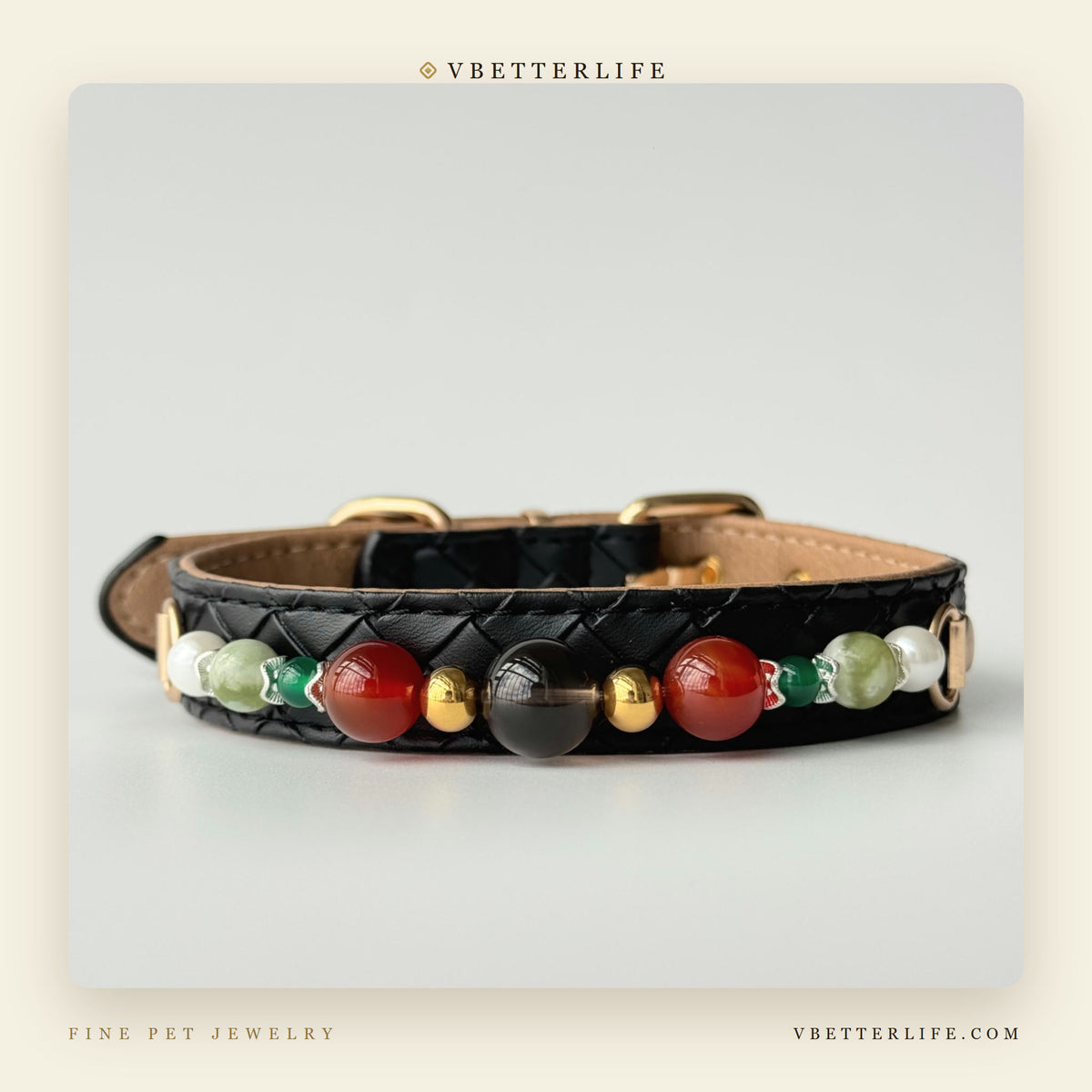 Carnelian & Pearl Beaded Dog Collar for Small Dogs, Black Quilted Leather