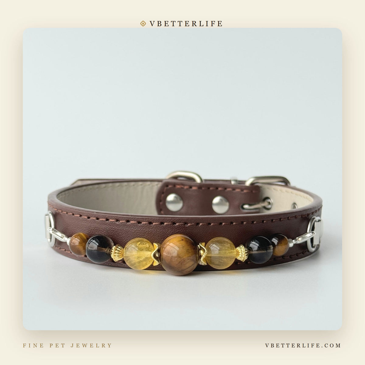 Tiger Eye & Citrine Beaded Dog Collar for Small Dogs, Brown Leather