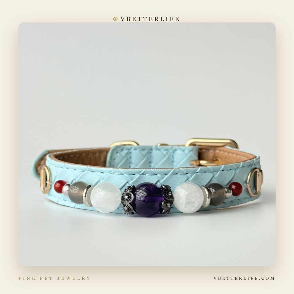 Amethyst & White Jade Beaded Dog Collar for Small Dogs, Sky Blue Leather
