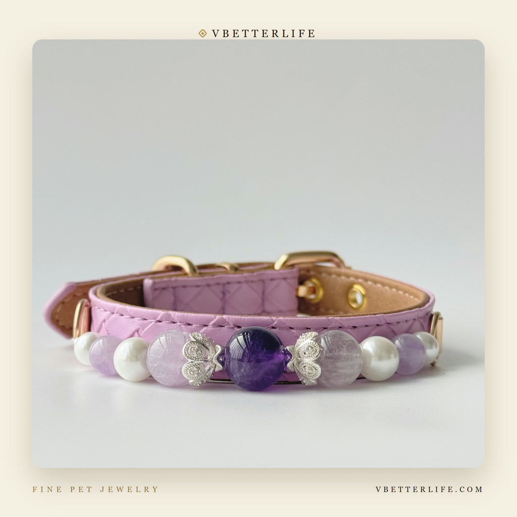 Amethyst & Pearl Beaded Dog Collar for Small Dogs, Purple Quilted Leather