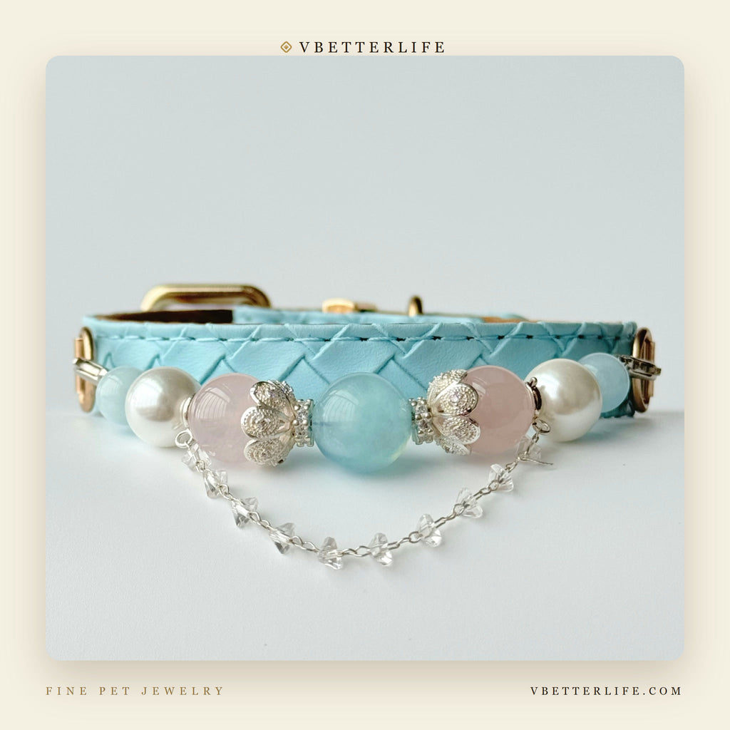 Rose Quartz & Pearl Beaded Dog Collar for Small Dogs, Sky Blue Quilted Leather
