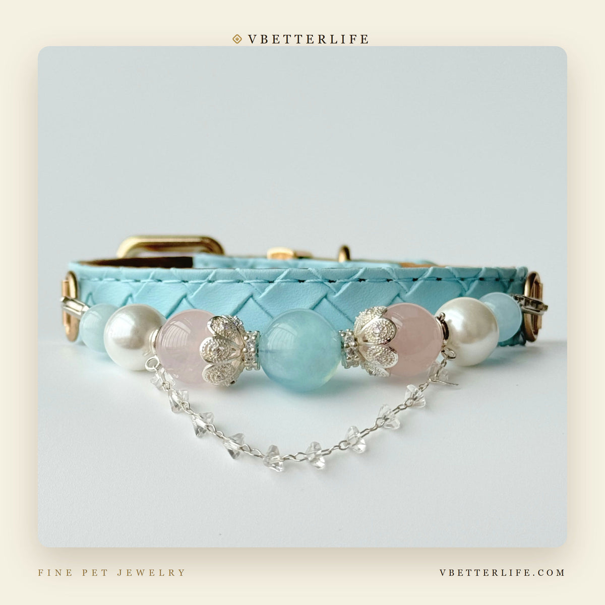 Rose Quartz & Pearl Beaded Dog Collar for Small Dogs, Sky Blue Quilted Leather