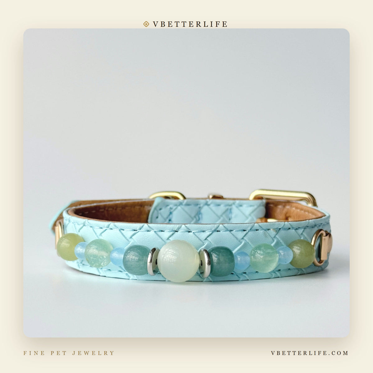 Green Aventurine Mix Beaded Dog Collar for Small Dogs, Sky Blue Quilted Leather