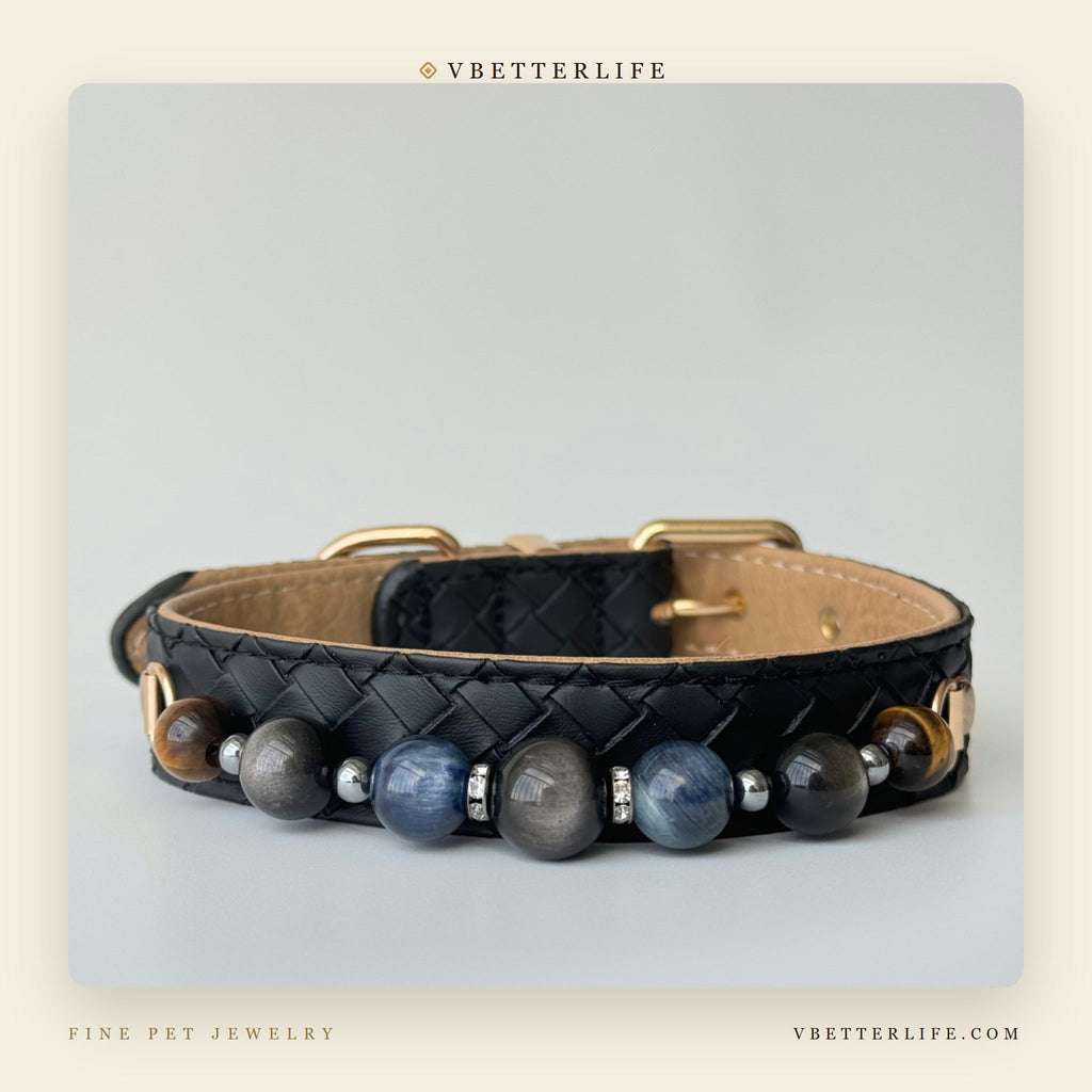 Blue Tiger Eye & Obsidian Beaded Dog Collar for Small Dogs, Black Leather
