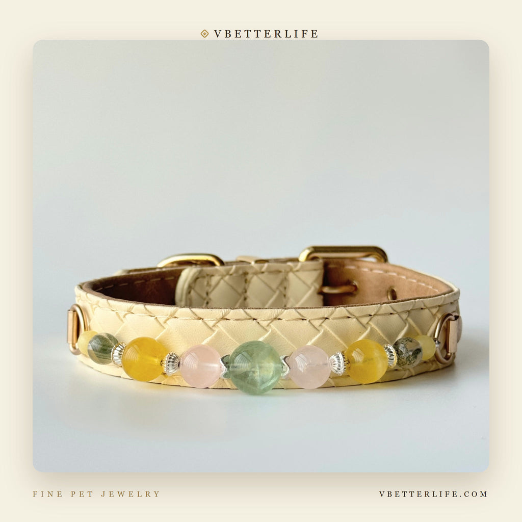 Pastel Gemstone Beaded Dog Collar for Small Dogs, Cream Quilted Leather