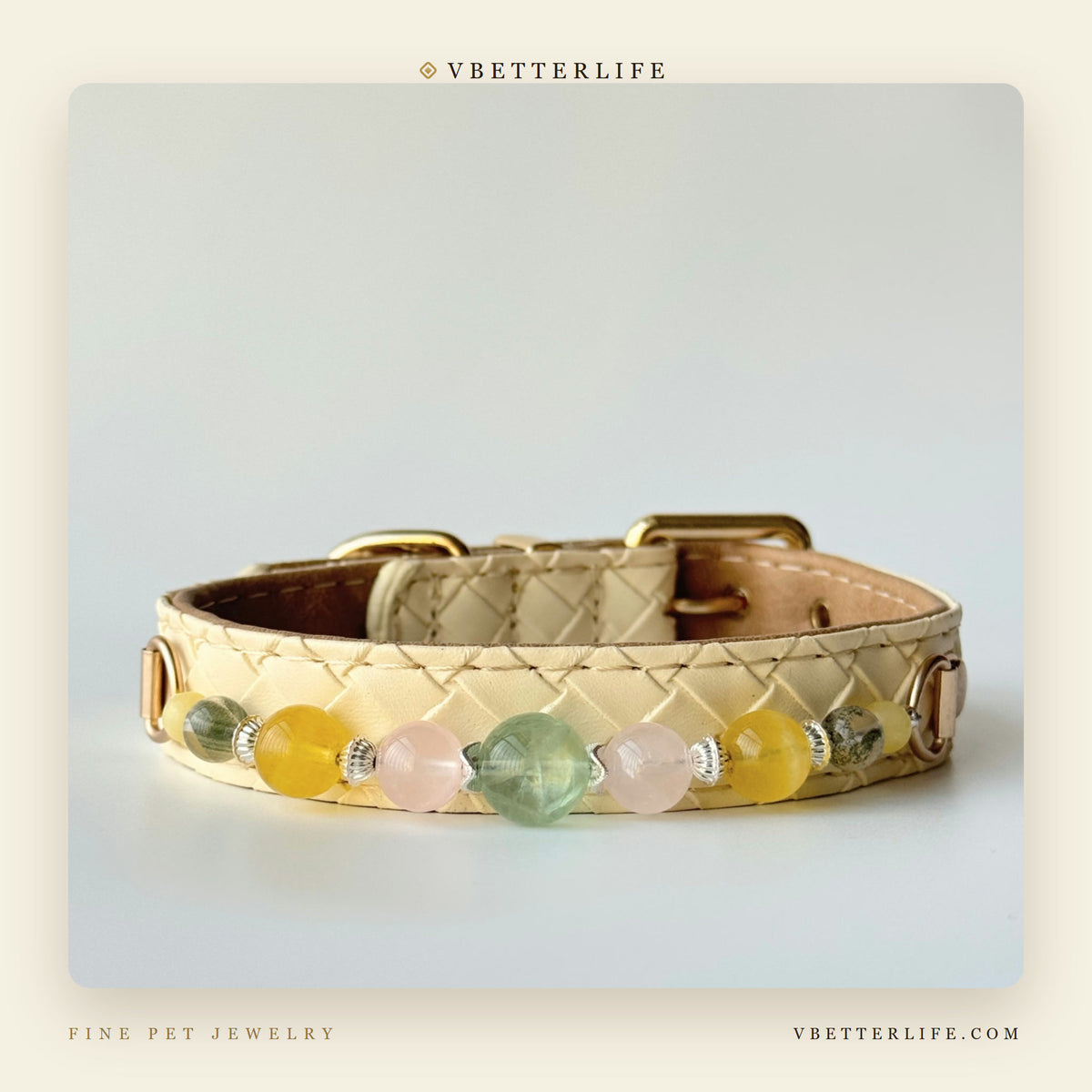 Pastel Gemstone Beaded Dog Collar for Small Dogs, Cream Quilted Leather