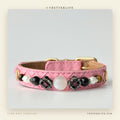 Black Flower Charm Beaded Dog Collar for Small Dogs, Pink Quilted Leather