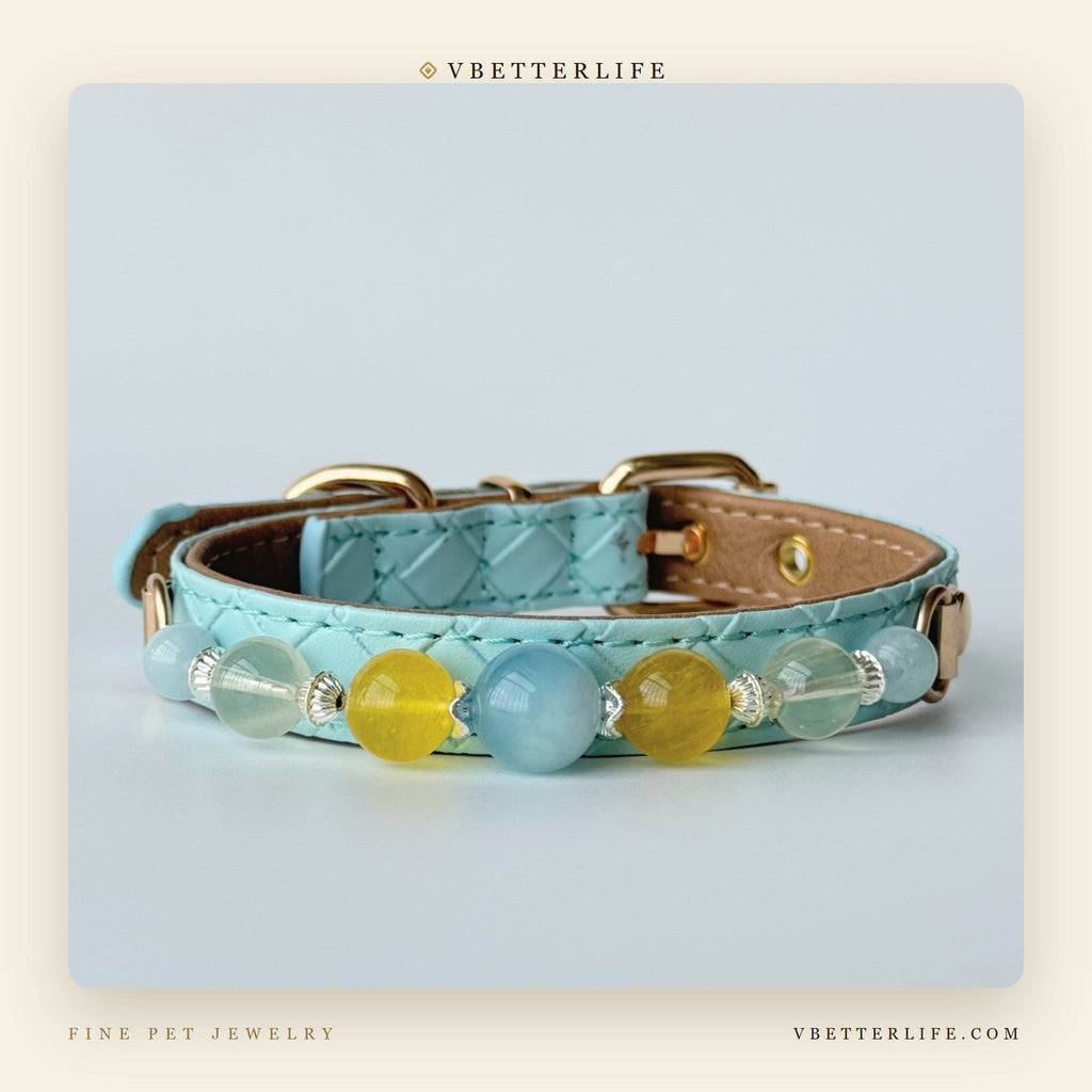 Aquamarine & Citrine Beaded Dog Collar for Small Dogs, Sky Blue Leather