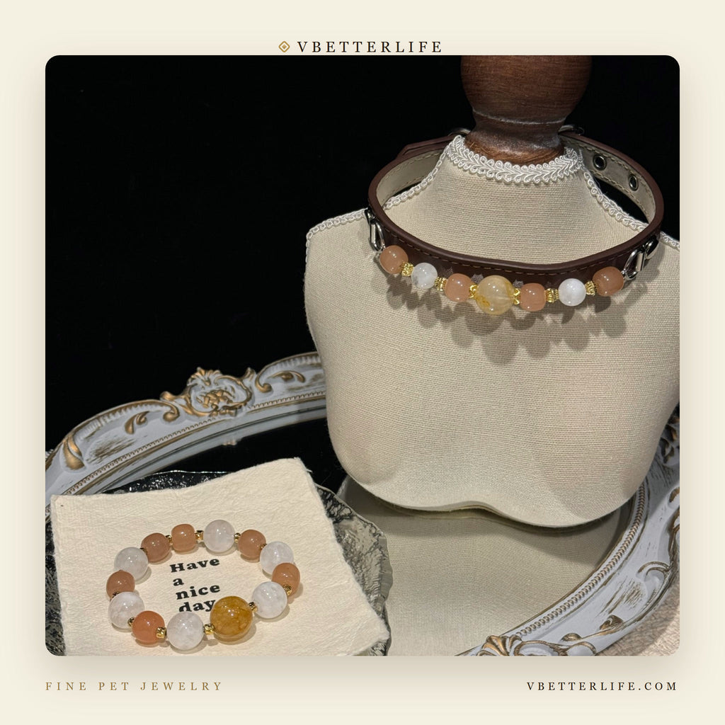 Peach Moonstone Mix Beaded Dog Collar for Small Dogs, Brown Slim Leather