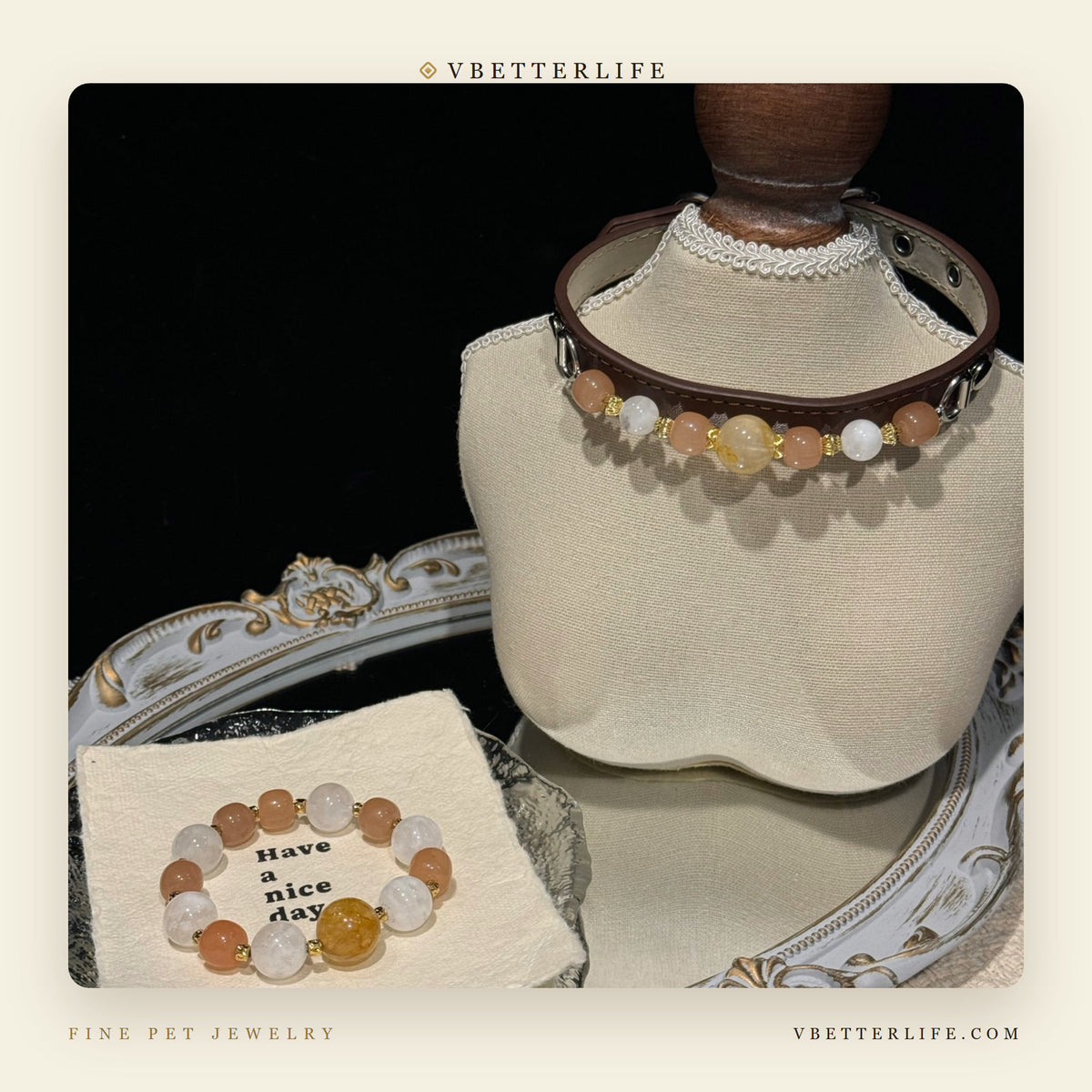 Peach Moonstone Mix Beaded Dog Collar for Small Dogs, Brown Slim Leather
