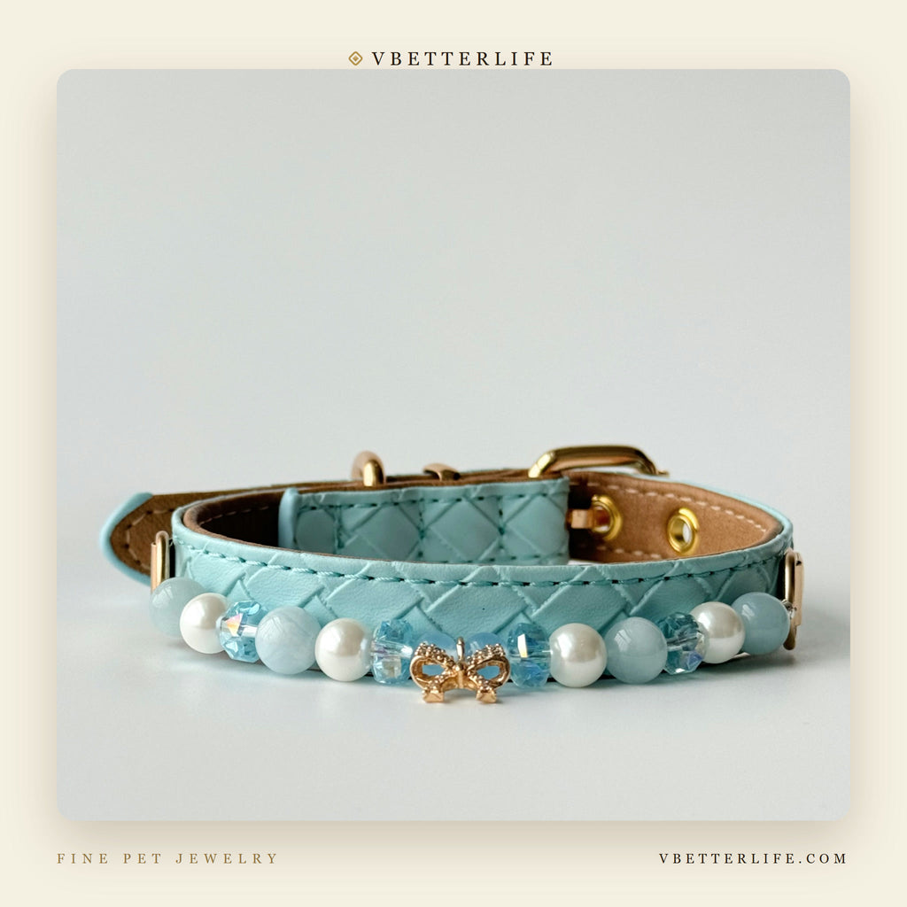 Pearl & Aquamarine Bow Dog Collar for Small Dogs, Sky Blue Quilted Leather
