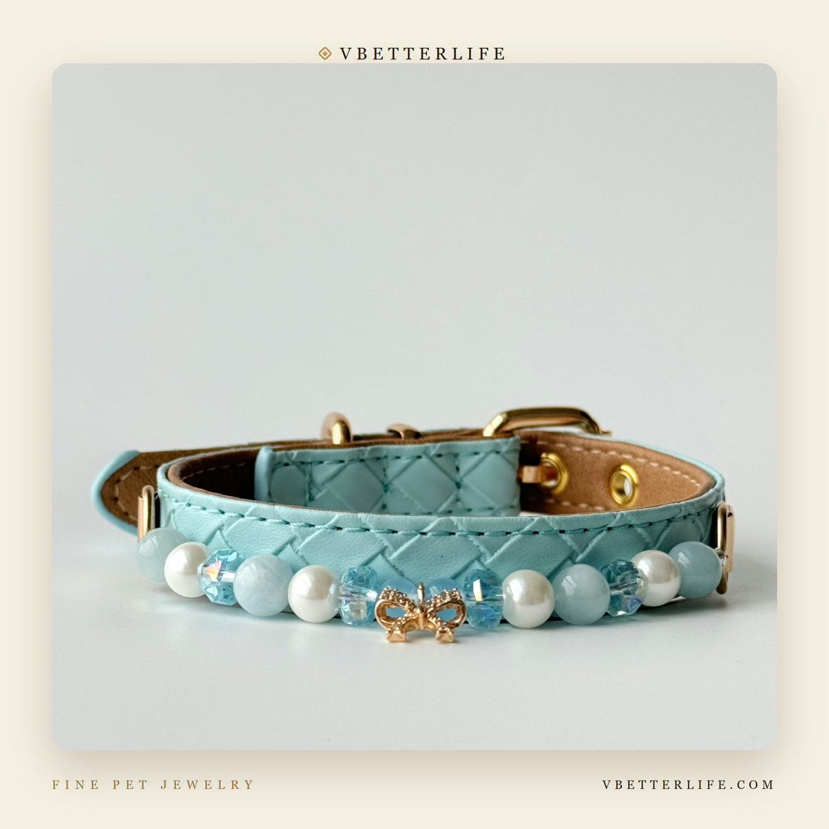 Pearl & Aquamarine Bow Dog Collar for Small Dogs, Sky Blue Quilted Leather