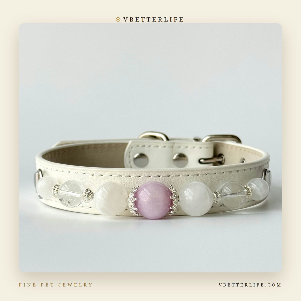Rose Quartz & Clear Quartz Beaded Dog Collar for Small Dogs, White Leather