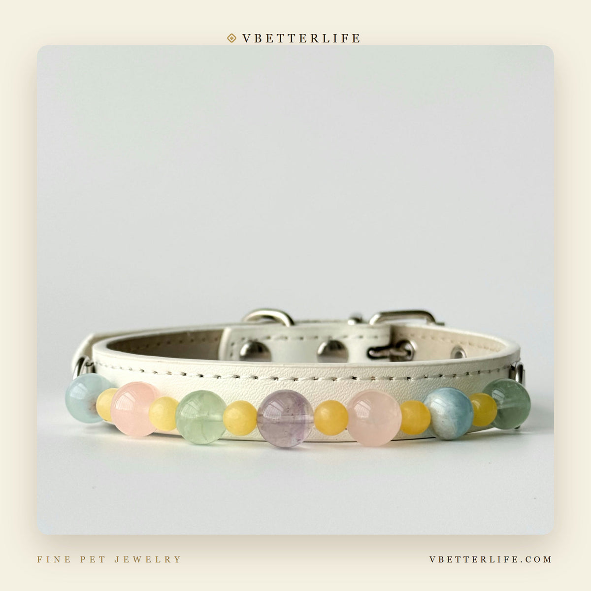 Macaron Pastel Beaded Dog Collar for Small Dogs, Cream Quilted Leather