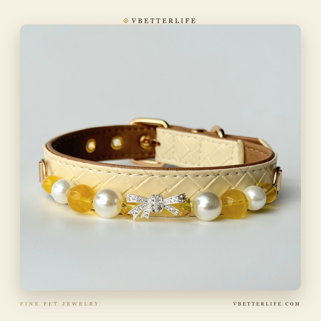 Citrine Pearl Bow Dog Collar for Small Dogs, Cream Quilted Leather