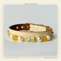 Citrine Pearl Bow Dog Collar for Small Dogs, Cream Quilted Leather