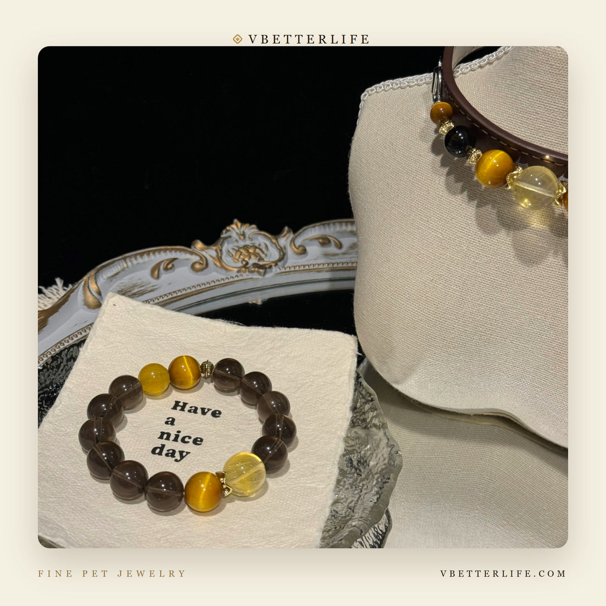 Yellow Jade & Tiger Eye Beaded Dog Collar for Small Dogs, Brown Slim Leather