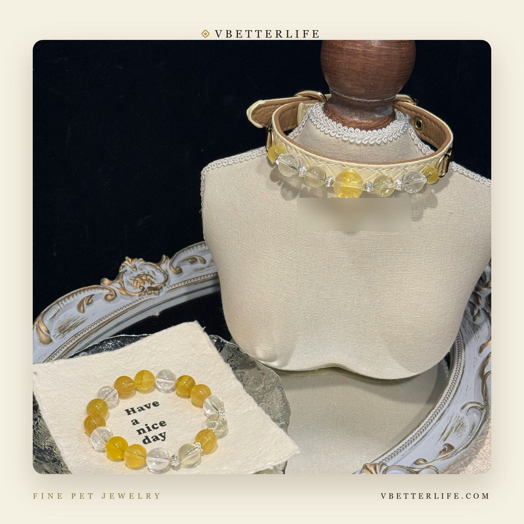 Citrine & Clear Quartz Beaded Dog Collar for Small Dogs, Cream Quilted Leather