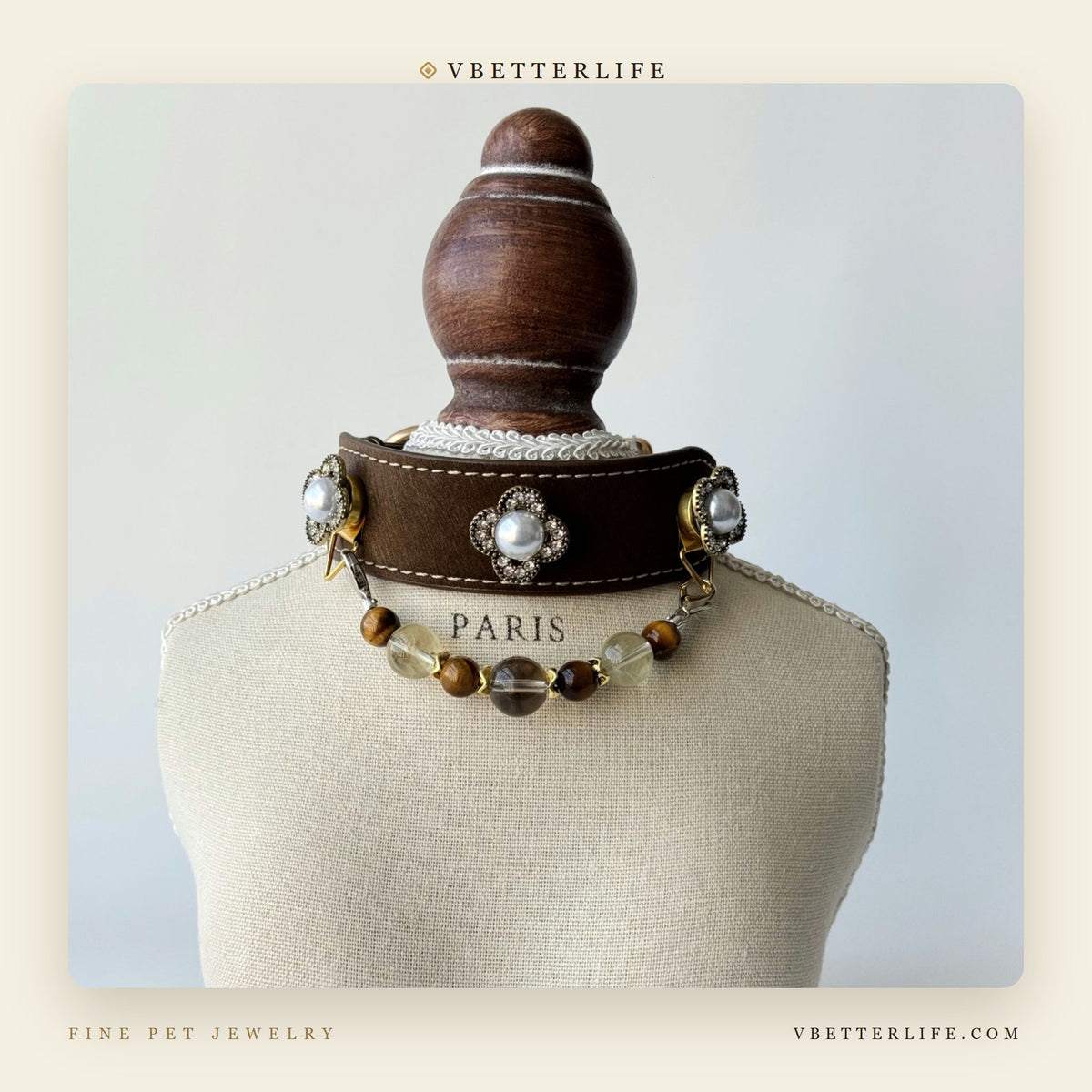 Vintage Clover Pearl & Tiger's Eye Crystal Dog Collar