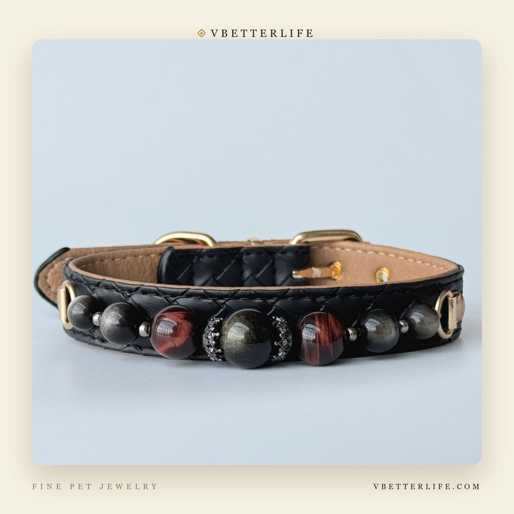 Tiger Eye & Obsidian Pavé cute Beaded Dog Collar for Small Dogs, Black Leather