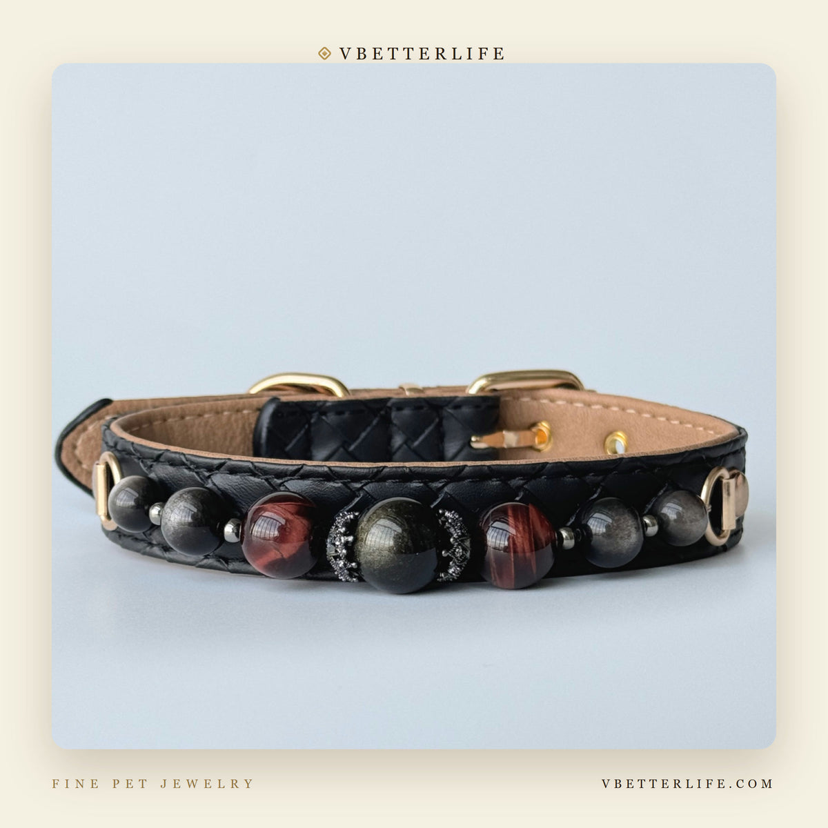 Tiger Eye & Obsidian Pavé cute Beaded Dog Collar for Small Dogs, Black Leather