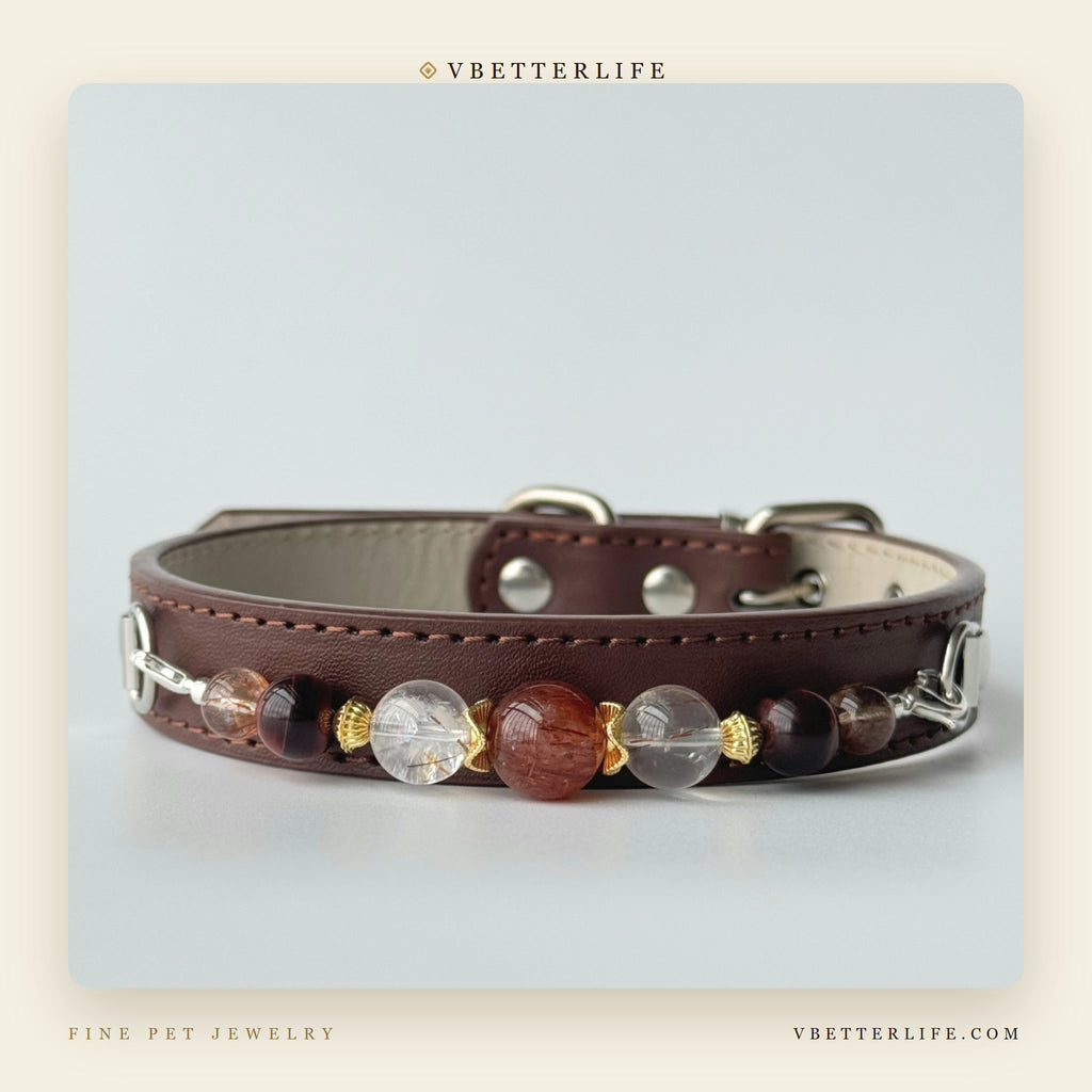 Red Agate & Tiger Eye Beaded Dog Collar for Small Dogs, Brown Leather