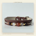 Red Agate & Tiger Eye Beaded Dog Collar for Small Dogs, Brown Leather
