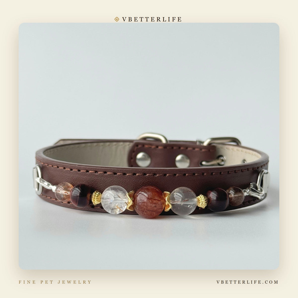 Red Agate & Tiger Eye Beaded Dog Collar for Small Dogs, Brown Leather