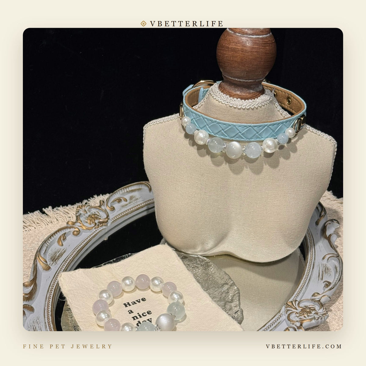 White Pearl & Moonstone Beaded Dog Collar for Small Dogs, Sky Blue Leather