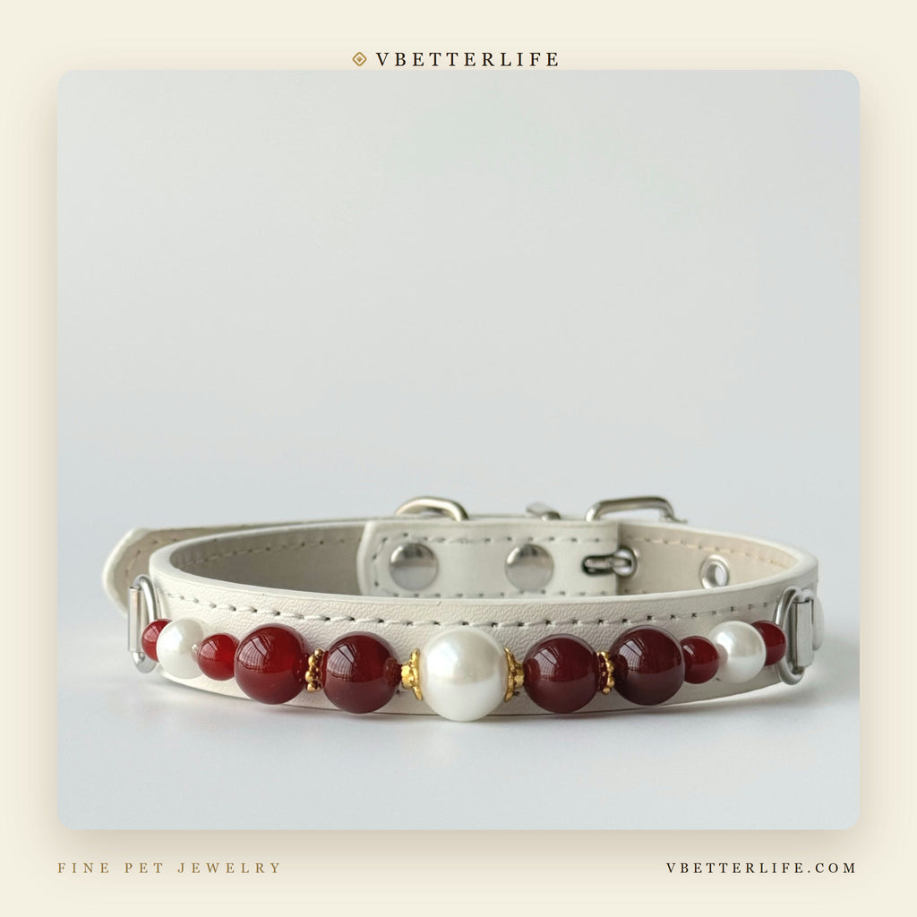 Carnelian & Pearl Beaded Dog Collar for Small Dogs, White Slim Leather