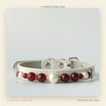Carnelian & Pearl Beaded Dog Collar for Small Dogs, White Slim Leather
