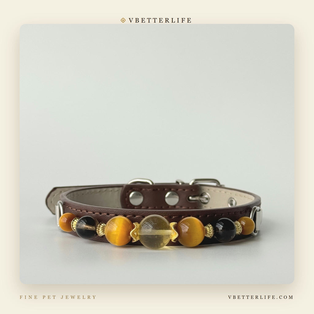 Amber & Tiger Eye Beaded Dog Collar for Small Dogs, Brown Leather