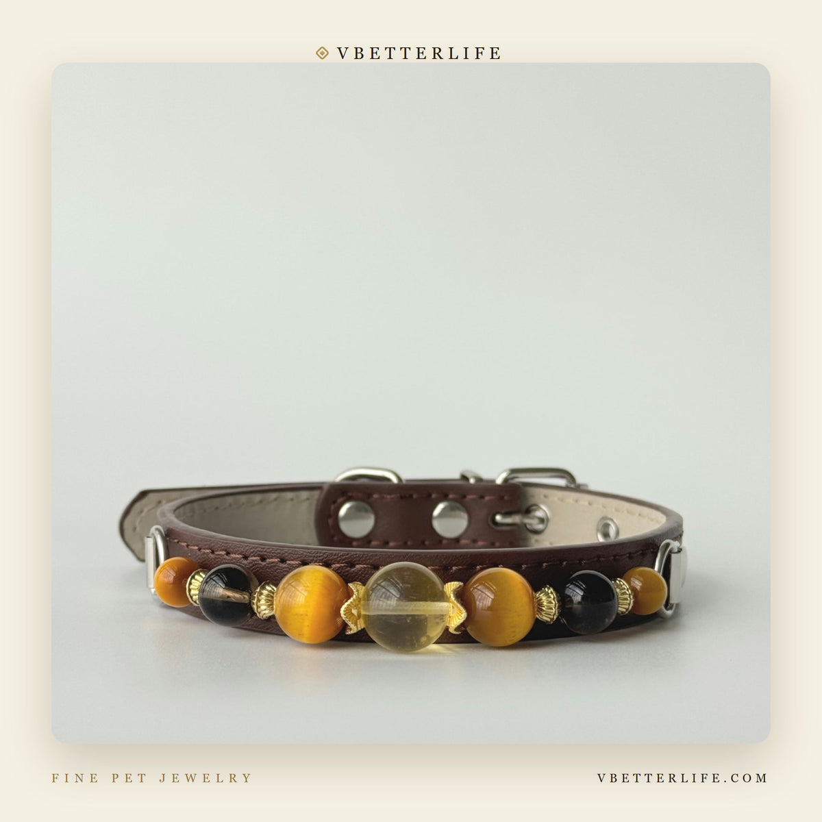Amber & Tiger Eye Beaded Dog Collar for Small Dogs, Brown Leather