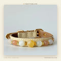 Yellow Jade & White Agate Beaded Dog Collar for Small Dogs, Cream Leather