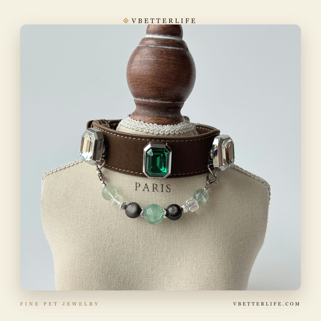 Emerald Onyx Fluorite & Black Obsidian Crystal Dog Collar