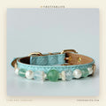 Green Aventurine & Pearl Beaded Dog Collar for Small Dogs, Sky Blue Leather