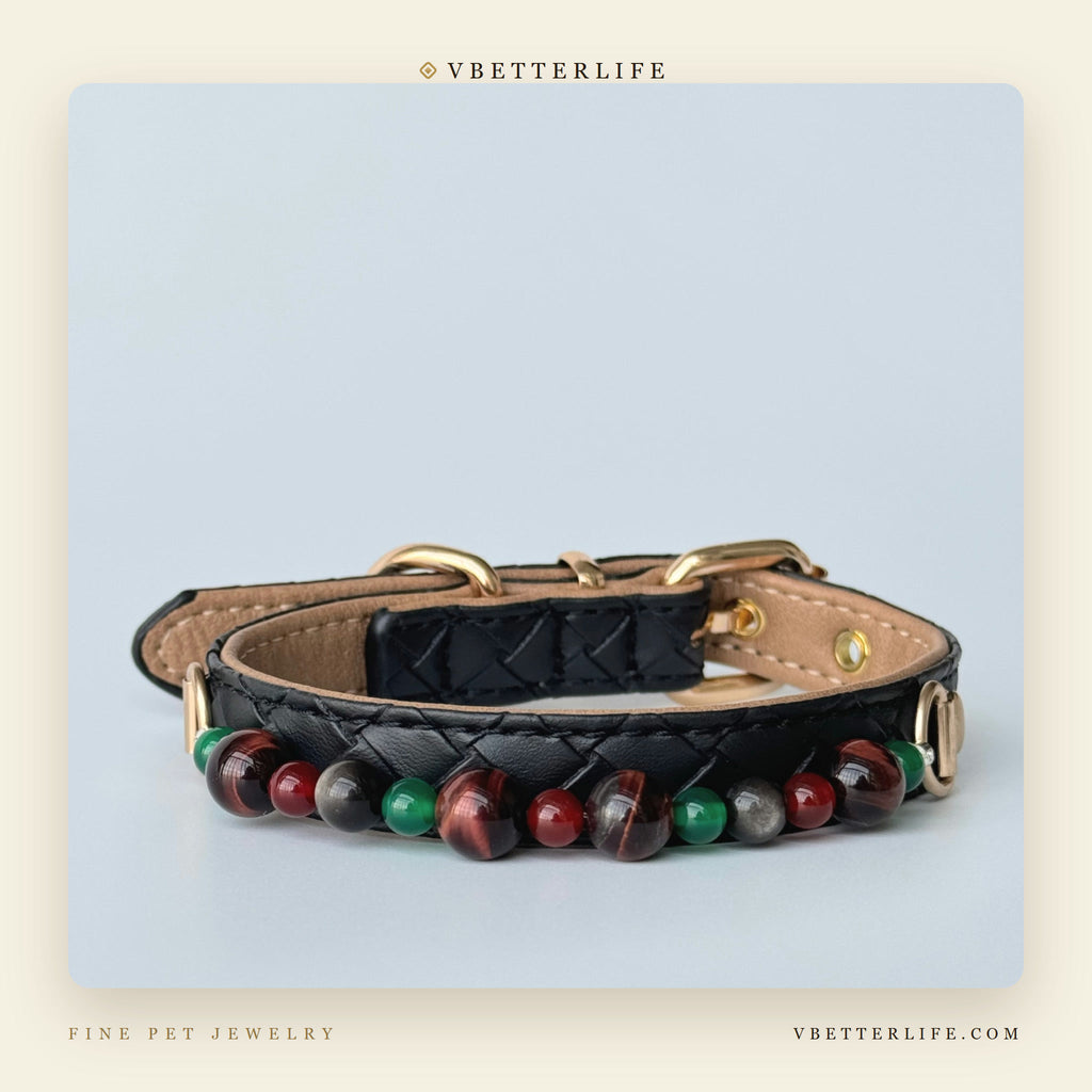 Multi color Agate Beaded Dog Collar for Small Dogs, Black Quilted Leather