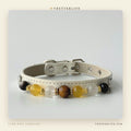 Tiger Eye & Citrine Beaded Dog Collar for Small Dogs, White Leather