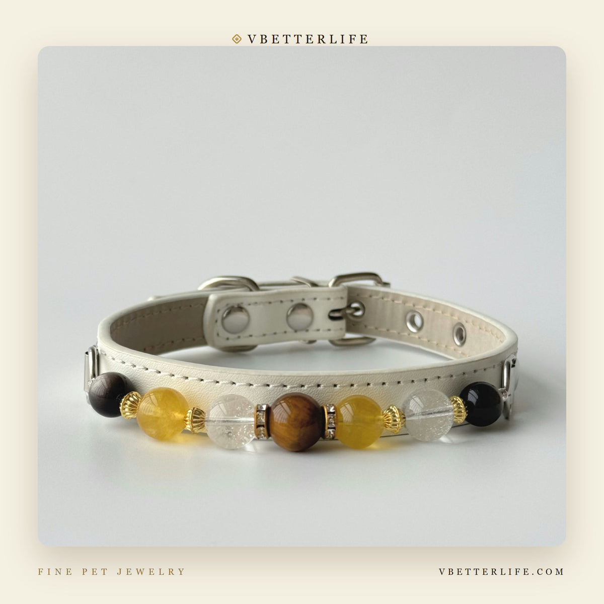 Tiger Eye & Citrine Beaded Dog Collar for Small Dogs, White Leather