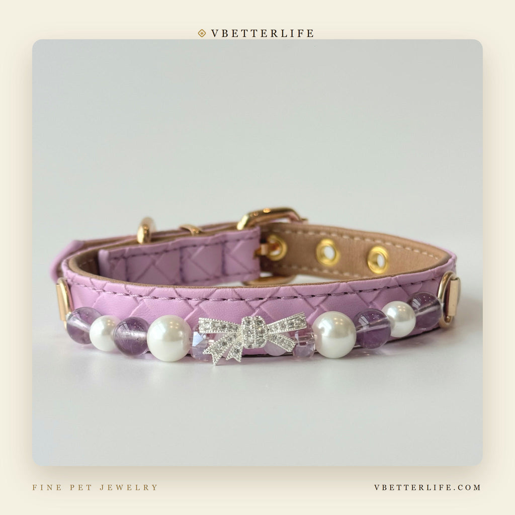Amethyst Pearl Bow Dog Collar for Small Dogs, Lilac Quilted Leather