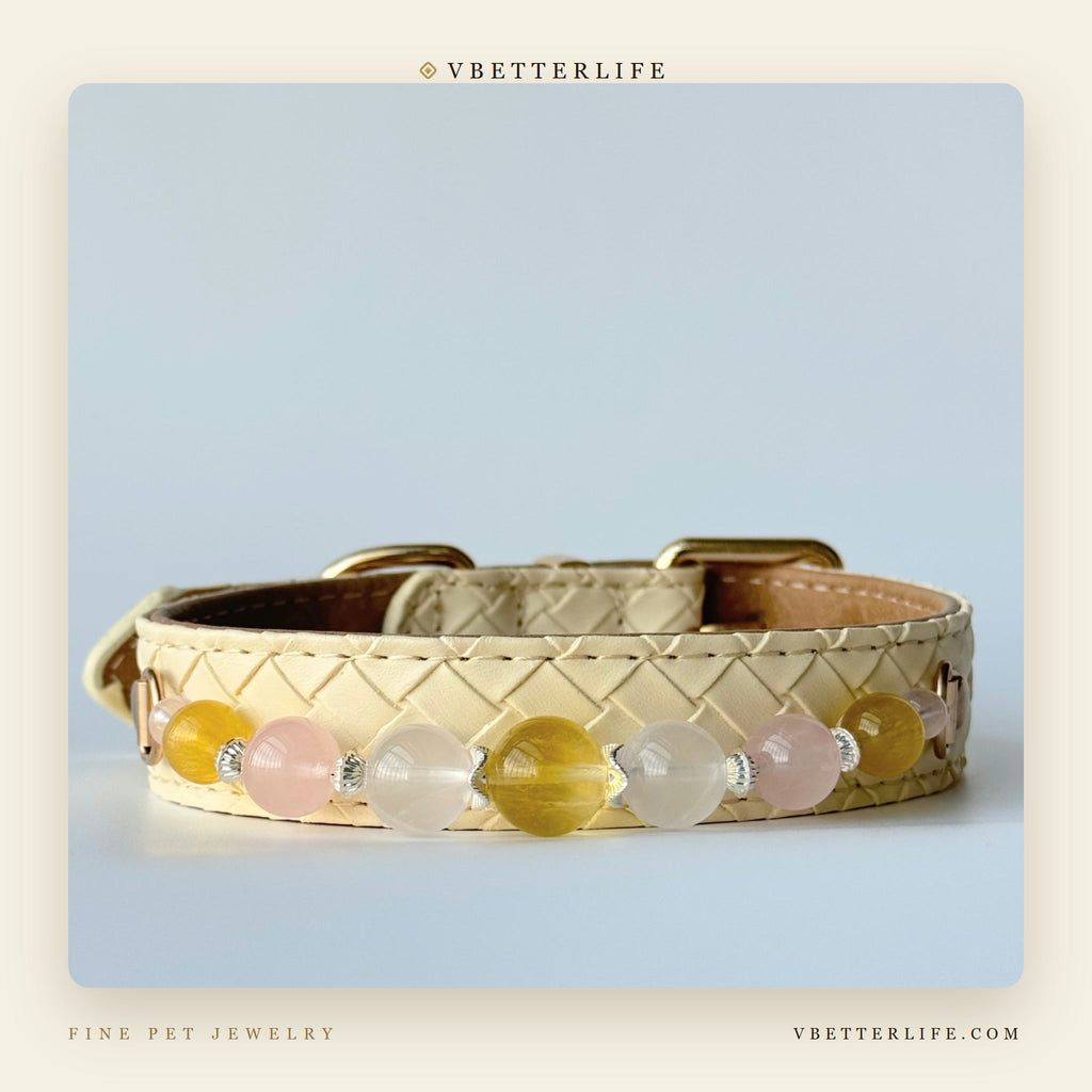 Citrine & Rose Quartz Beaded Dog Collar for Small Dogs, Cream Quilted Leather