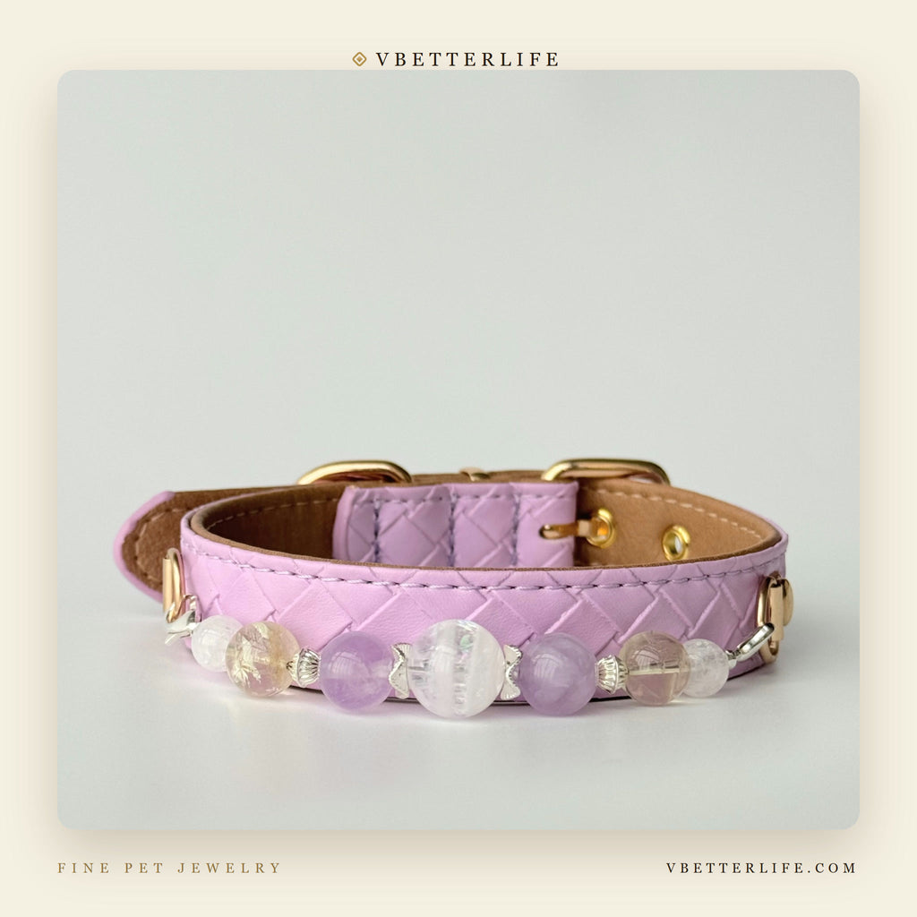 Amethyst & Cloud Quartz Beaded Dog Collar for Small Dogs, Lilac Leather