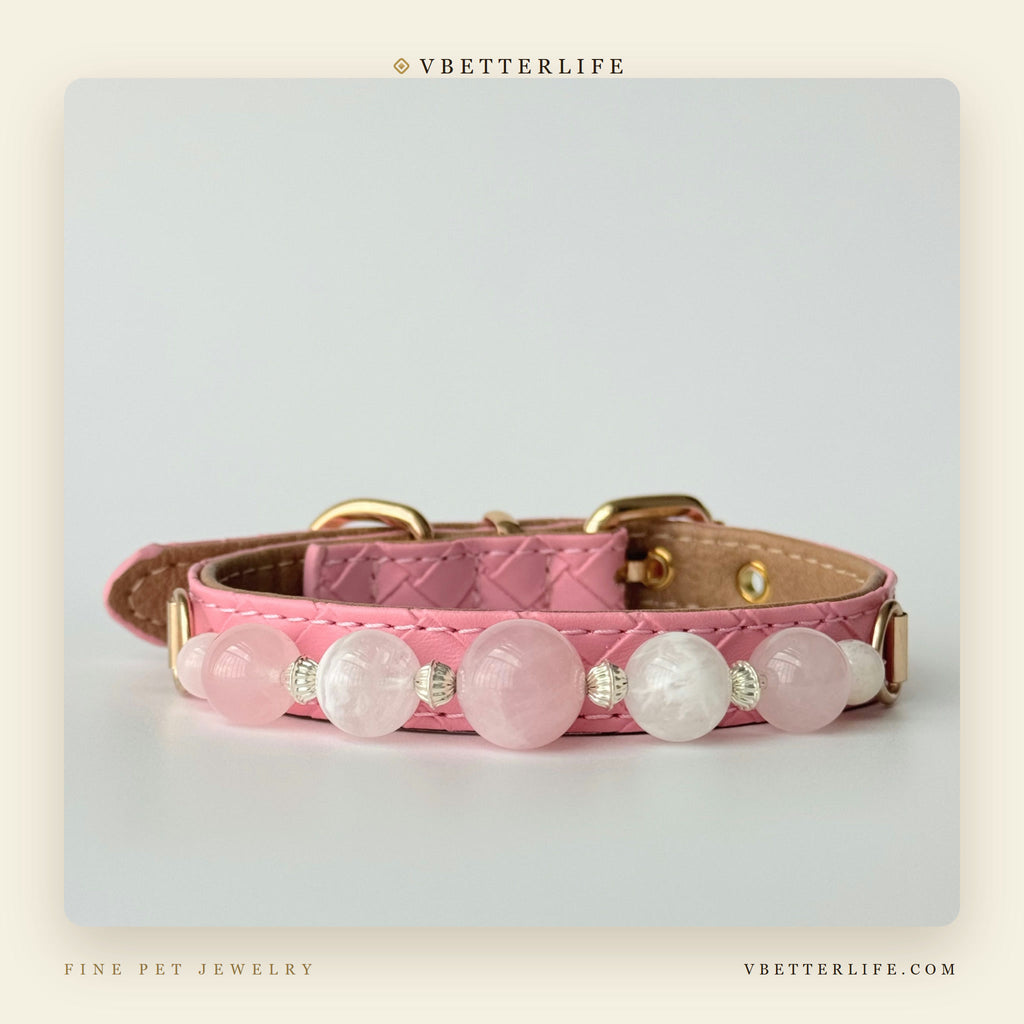 Rose Quartz Beaded Dog Collar for Small Dogs, Pink Quilted Leather