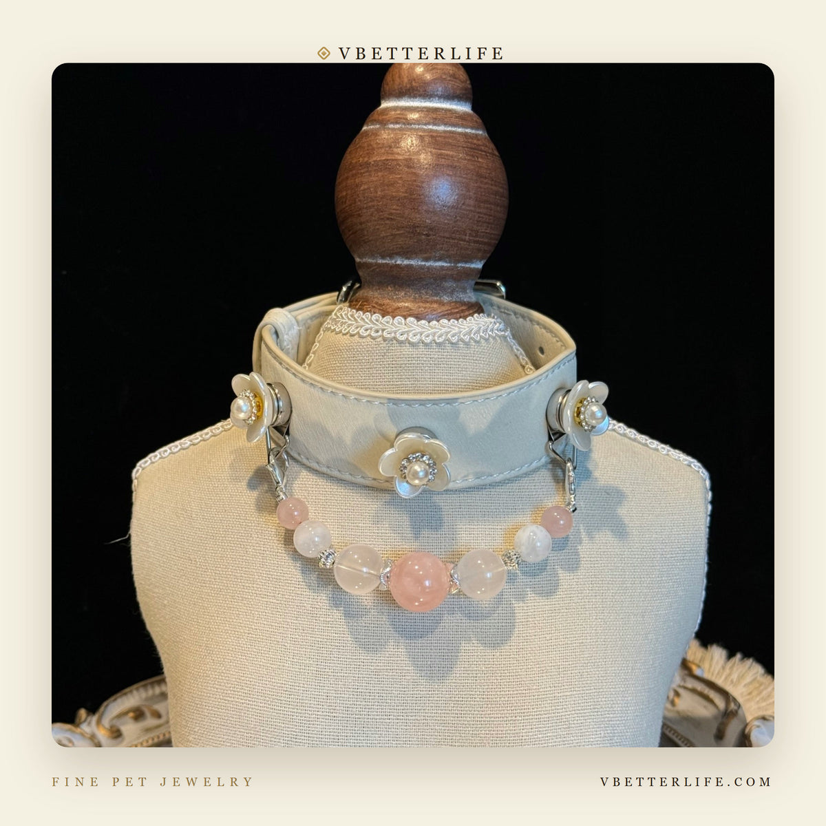 Camellia Pearl Flower Gemstone Dog Collar - Rose Quartz Mix