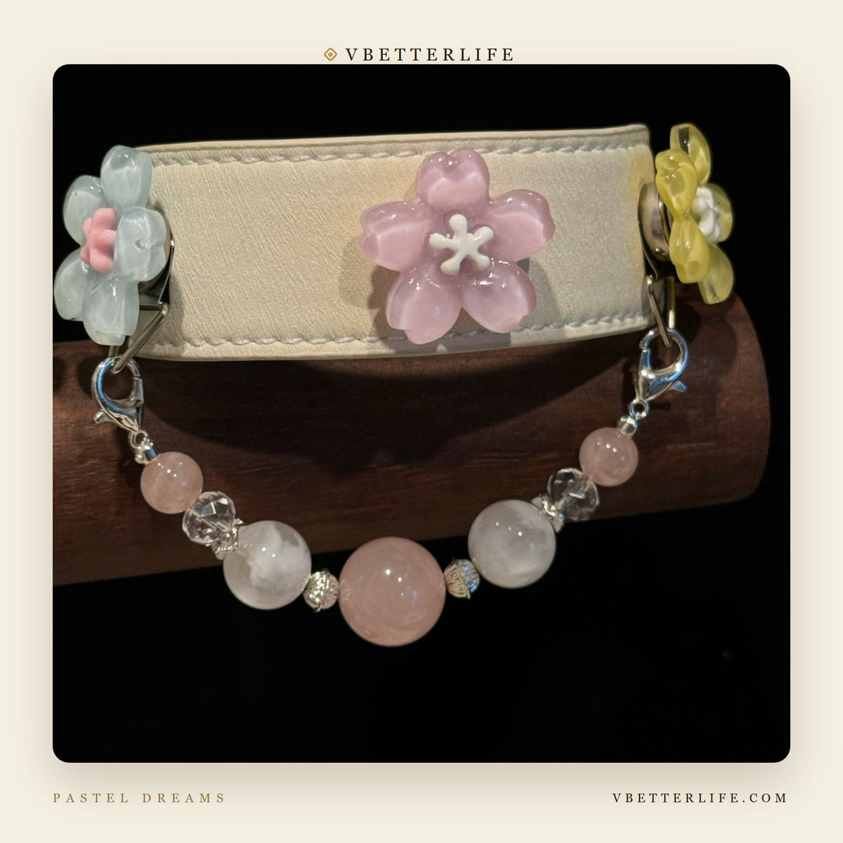 Pastel Bloom Rose Quartz Flower Dog Collar